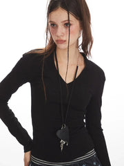 Y2K Grunge Essential V-Neck Long Sleeve Top - TEVQA