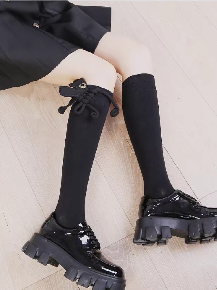 3D Rope Bow Black Socks Heart Charm Dark Academia