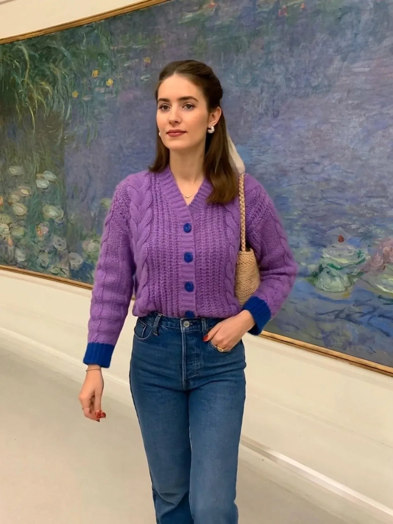 Violet Vintage Chunky Cable Knit Cardigan - TEVQA