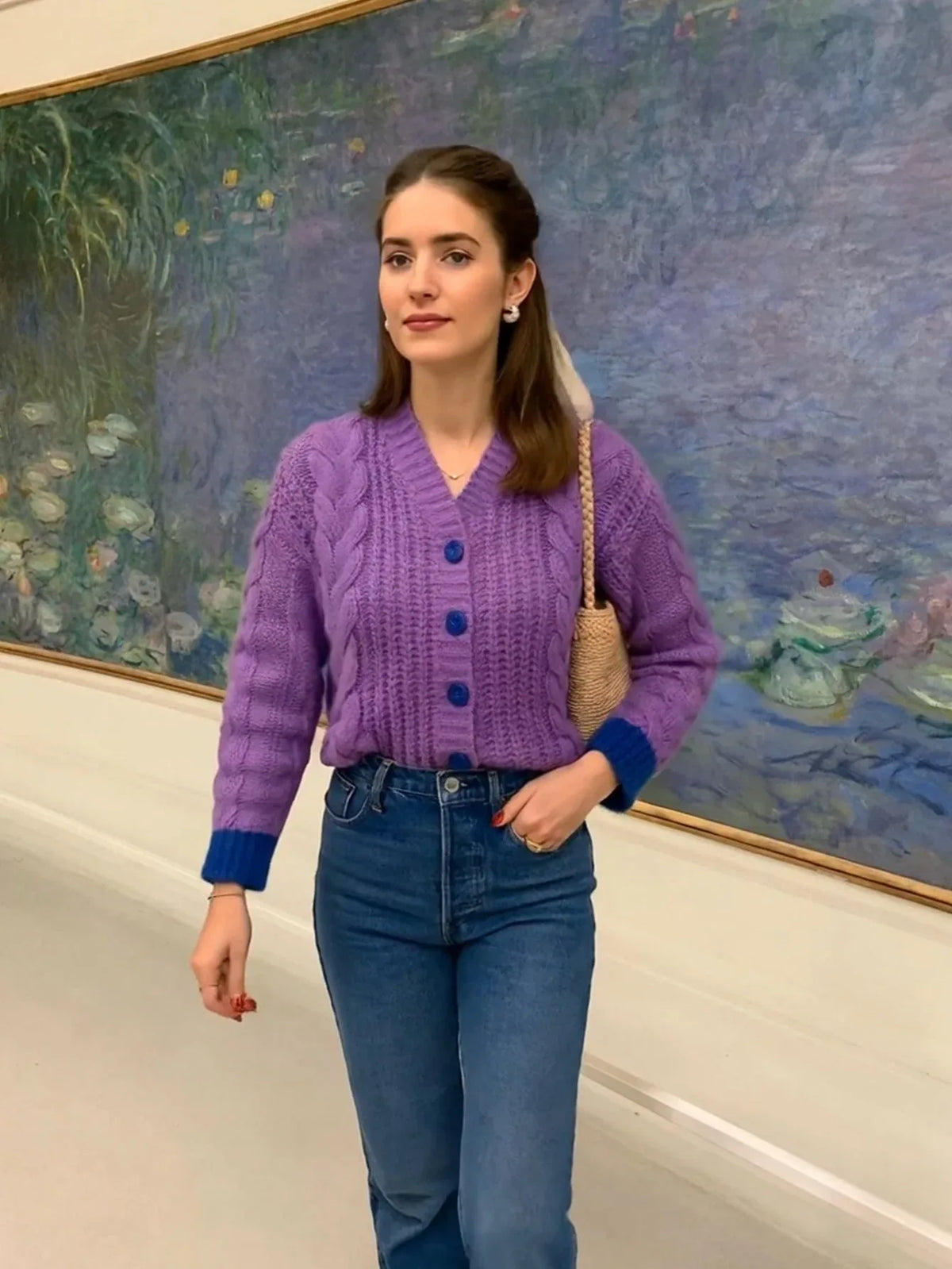 Violet Vintage Chunky Cable Knit Cardigan - TEVQA