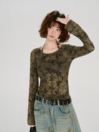 Vintage Print Mesh 2-Piece Long Sleeve Top Green