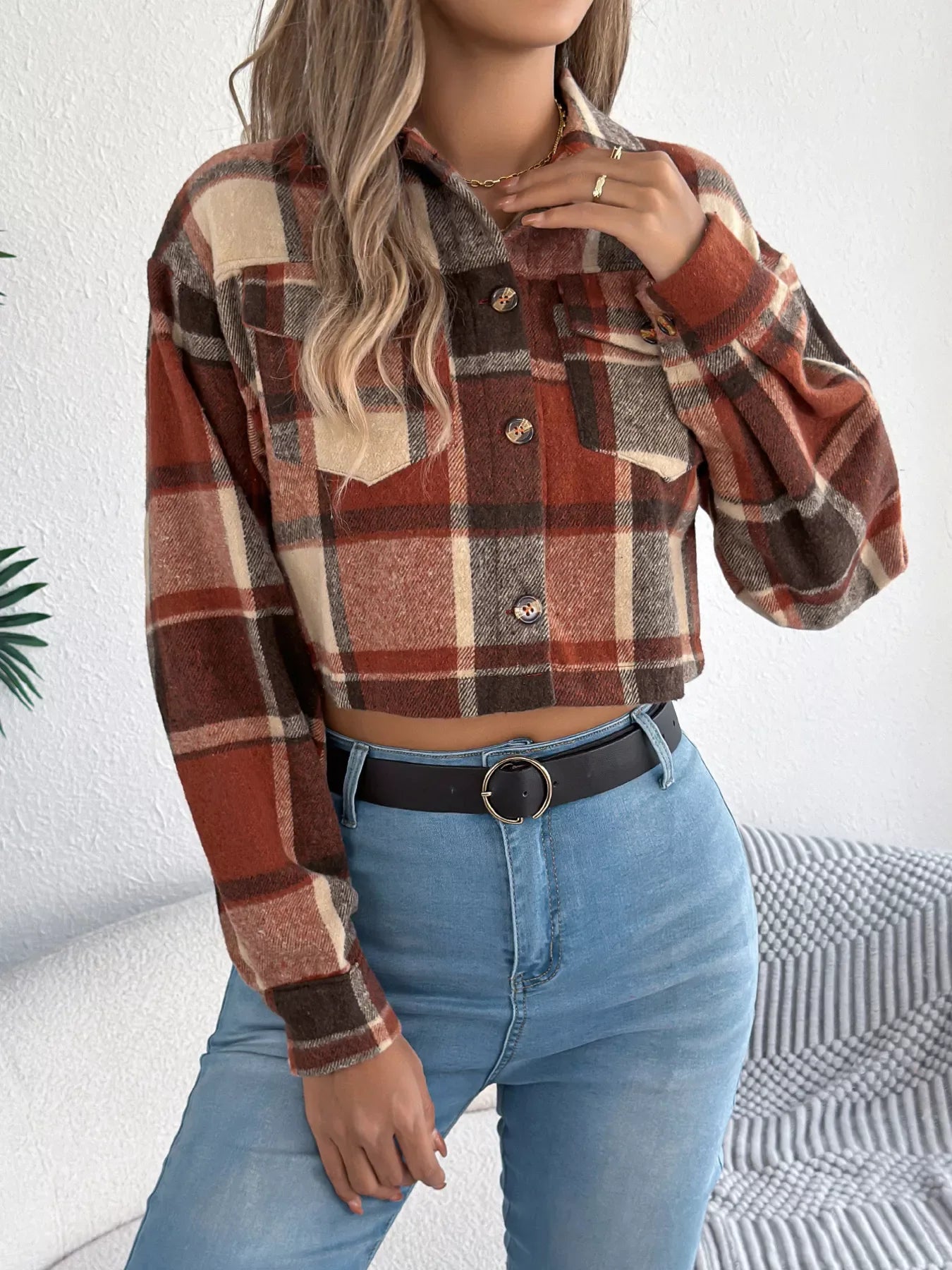 Rust Plaid Cropped Shacket - View 7 | TEVQA