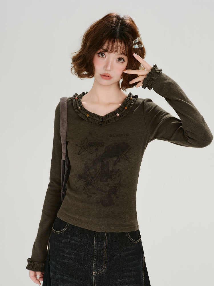 Vintage V-Neck Ruffle Print Long Sleeve Olive