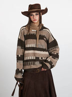 Vintage Brown Striped Distressed Knit Sweater - TEVQA