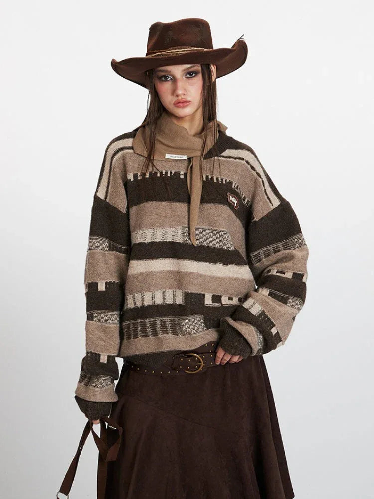 Vintage Brown Striped Distressed Knit Sweater - TEVQA