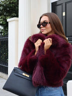 Burgundy cropped faux fur jacket with collar - View 6 | TEVQA