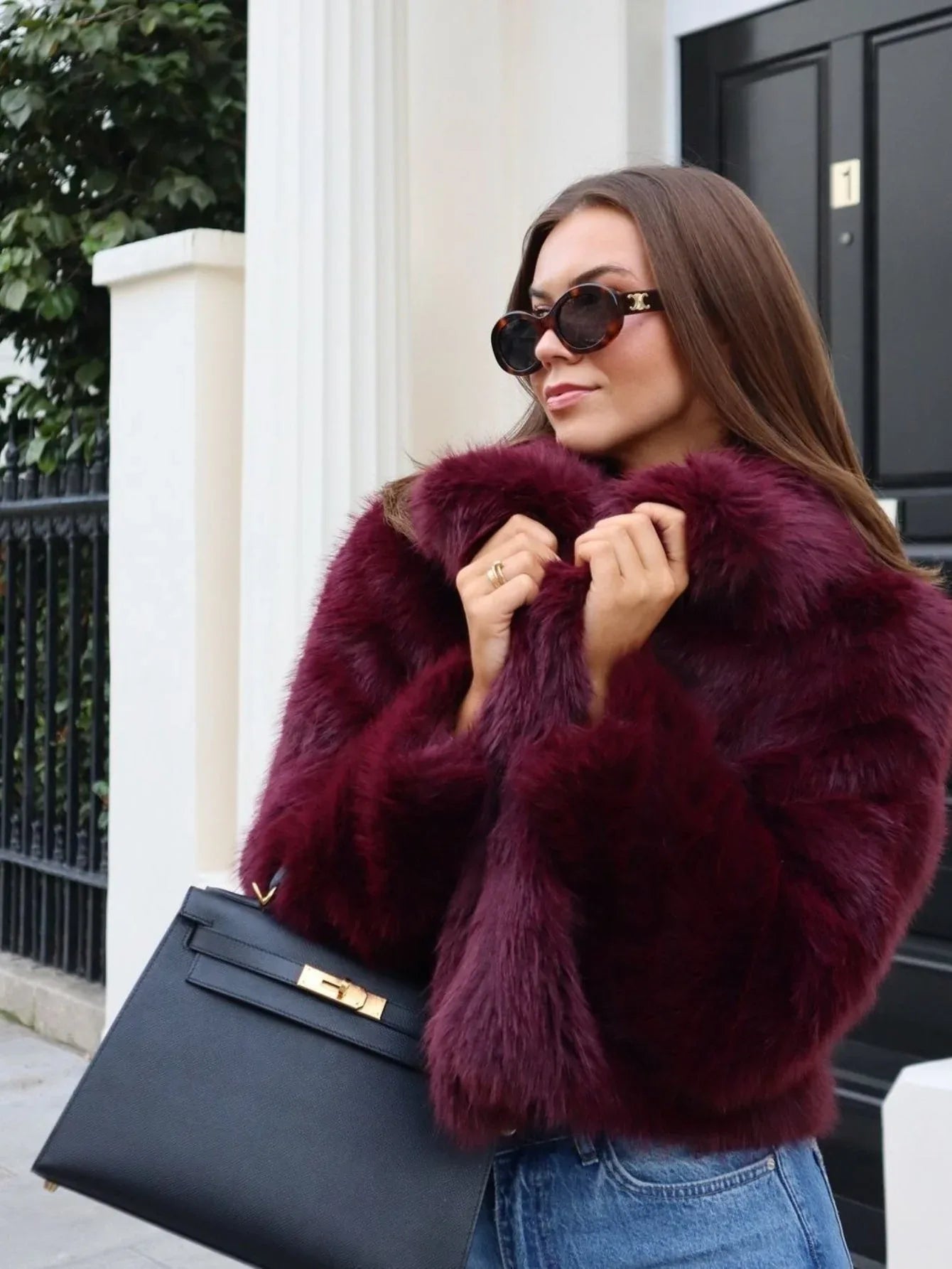 Burgundy cropped faux fur jacket with collar - View 6 | TEVQA