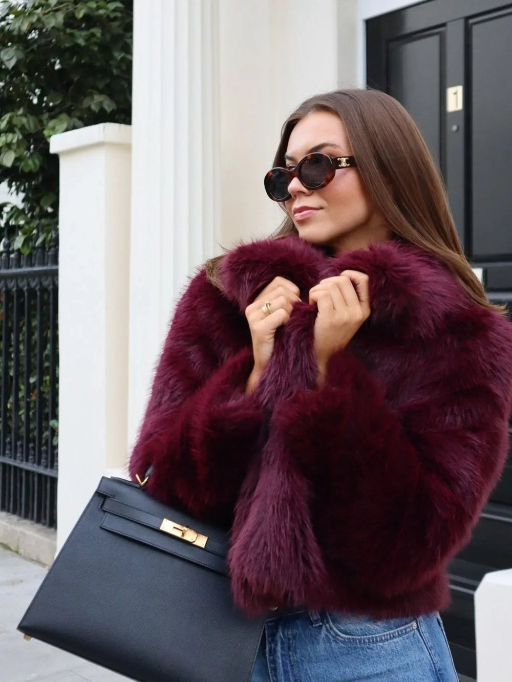 Burgundy cropped faux fur jacket with collar - View 6 | TEVQA