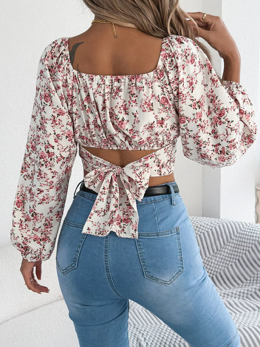 Romantic White Floral Lantern Sleeve Crop Top - TEVQA
