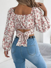 Romantic White Floral Lantern Sleeve Crop Top - TEVQA