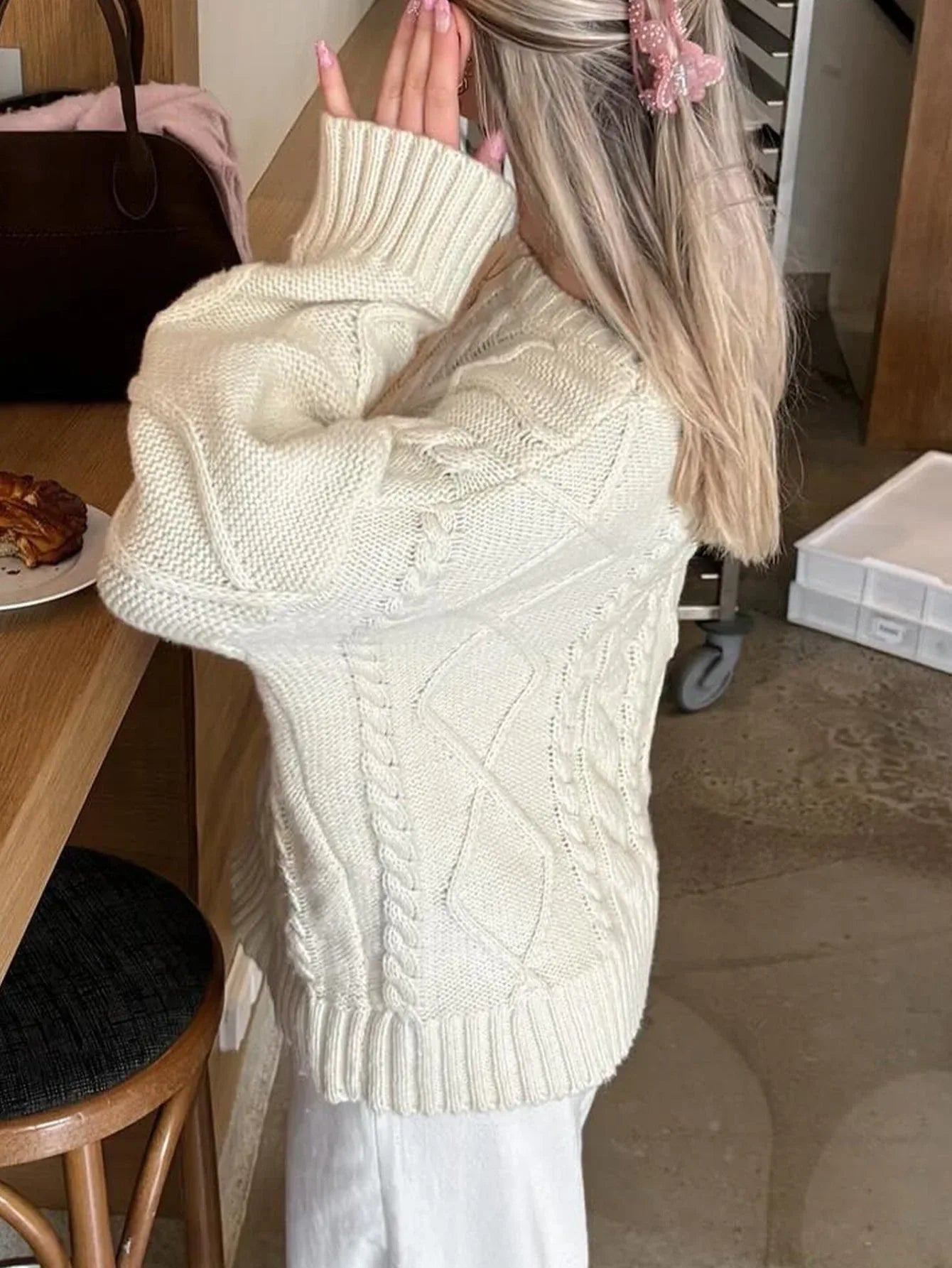 Vintage Cream Chunky Cable Knit Sweater - TEVQA