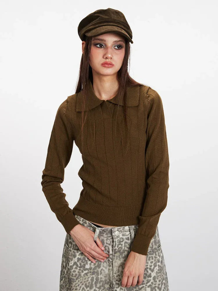 Vintage Brown Ribbed Knit Polo Sweater - TEVQA