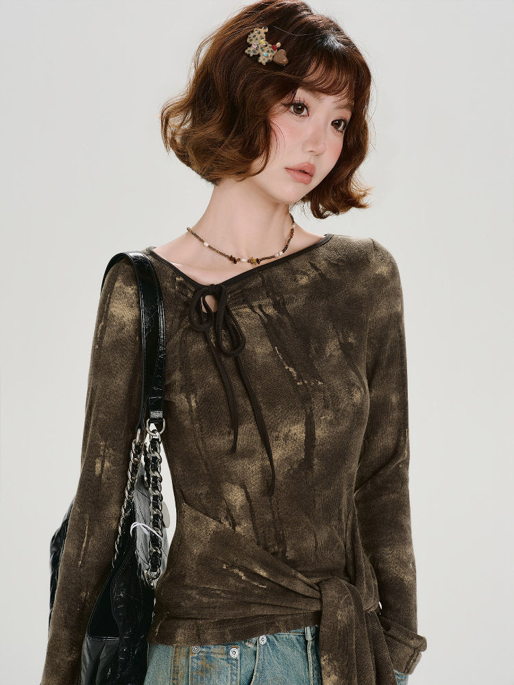 Vintage Tie-Dye Asymmetrical Long Sleeve Top Brown