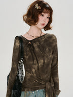 Vintage Tie-Dye Asymmetrical Long Sleeve Top Brown