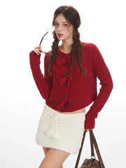 Coquette Cherry Red Bow Pointelle Cardigan - TEVQA
