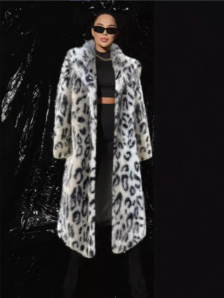 Aspen Chic Snow Leopard Faux Fox Fur Long Coat - TEVQA Main image