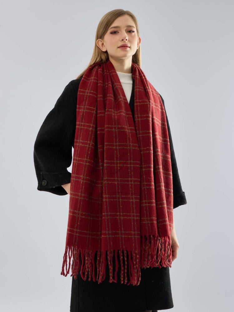 Textured Boucle Plaid Scarf Red