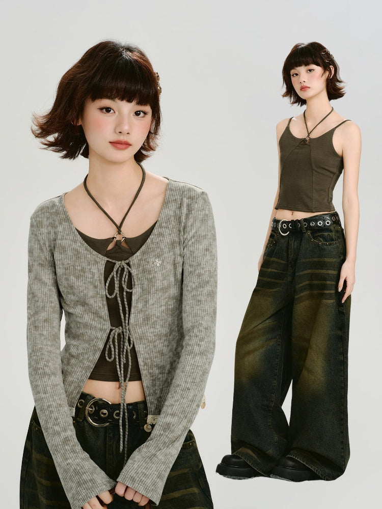 Split image: Left shows a woman wearing a grey ribbed knit tie-front cardigan over a dark olive green halter crop top and dark wash wide-leg jeans. Right shows the woman from the first image.