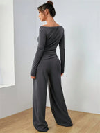 Women's Boat Neck Wide Leg Two-Piece Set - View 6 | TEVQA