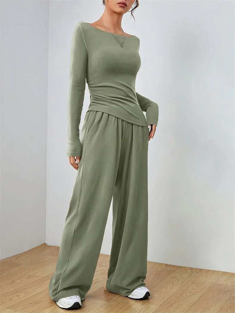 Women's Boat Neck Wide Leg Two-Piece Set - View 18 | TEVQA