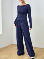 Women's Boat Neck Wide Leg Two-Piece Set - View 15 | TEVQA