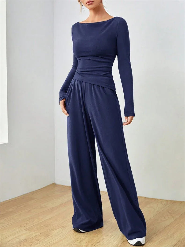 Women's Boat Neck Wide Leg Two-Piece Set - View 15 | TEVQA
