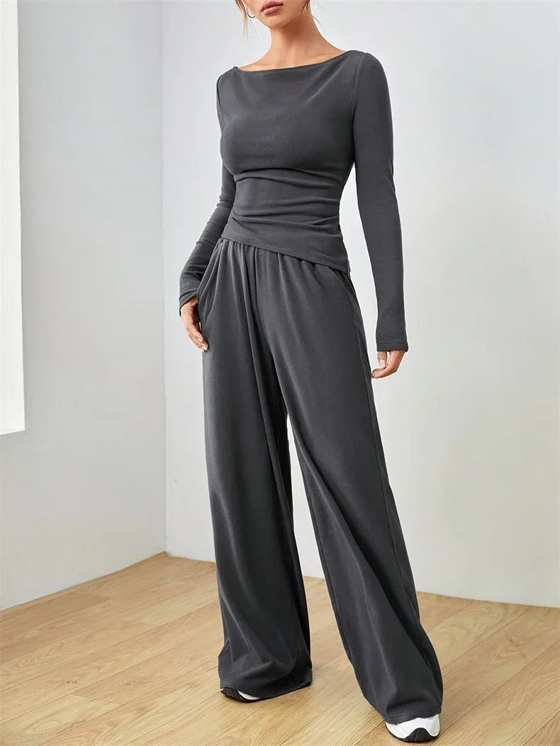 Women's Boat Neck Wide Leg Two-Piece Set - View 8 | TEVQA