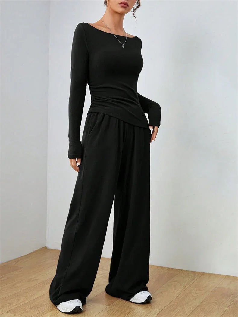 Women's Boat Neck Wide Leg Two-Piece Set - View 12 | TEVQA