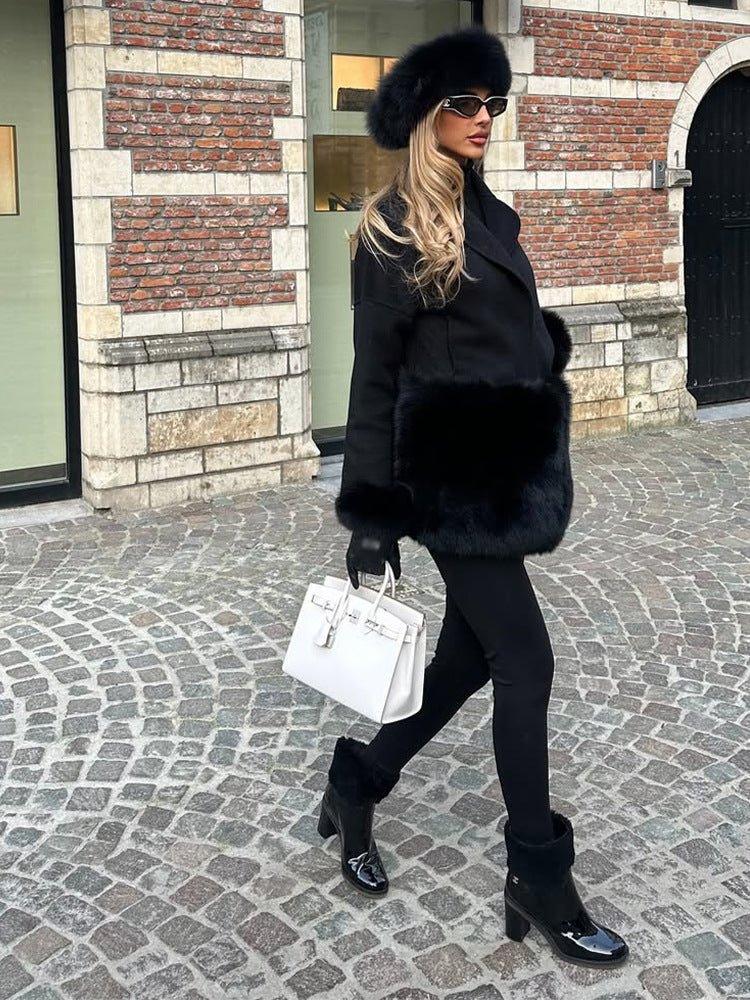 Elegant wool blend coat with faux fur trim - View 8 | TEVQA