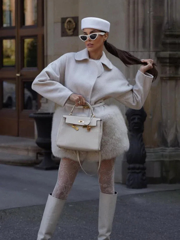Elegant wool blend coat with faux fur trim - View 10 | TEVQA