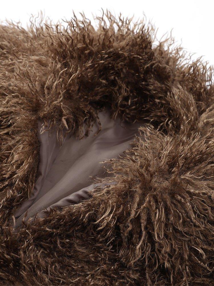 Close-up of brown shaggy faux fur collar with a satin lining