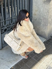Elegant faux fur coat with oversized collar - View 11 | TEVQA