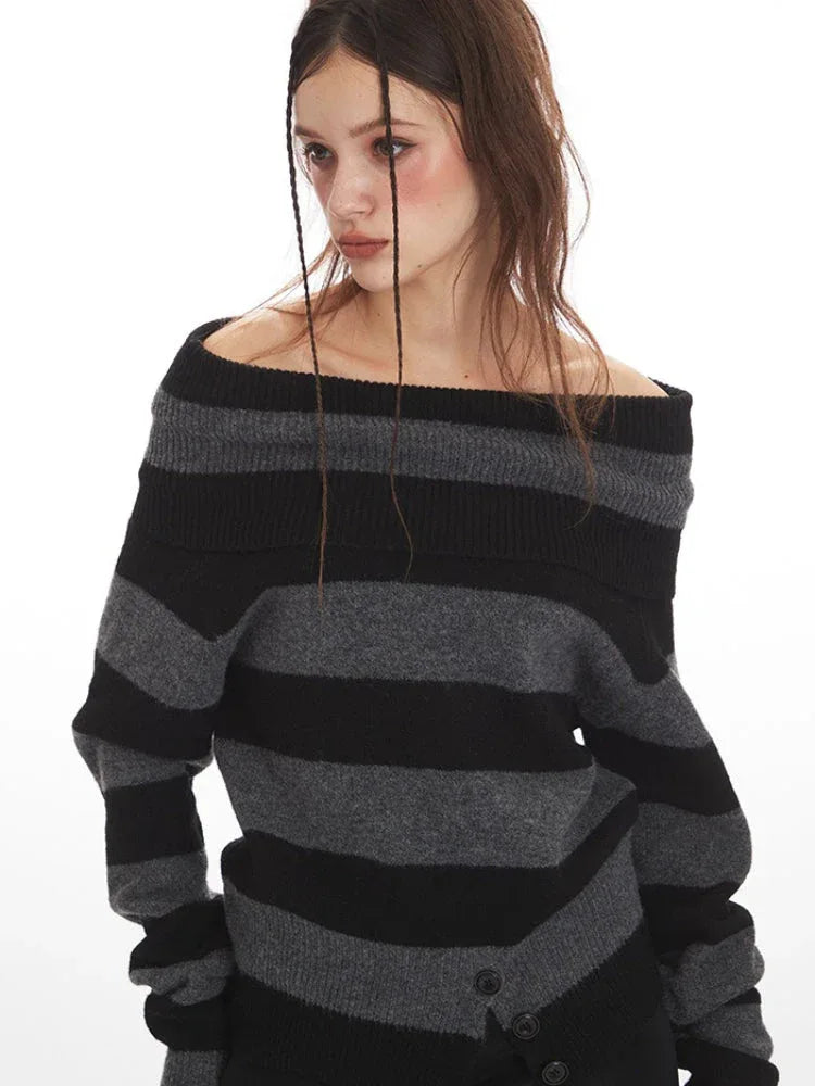 Striped Off-Shoulder Knit Sweater - View 6 | TEVQA