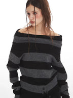 Striped Off-Shoulder Knit Sweater - View 6 | TEVQA