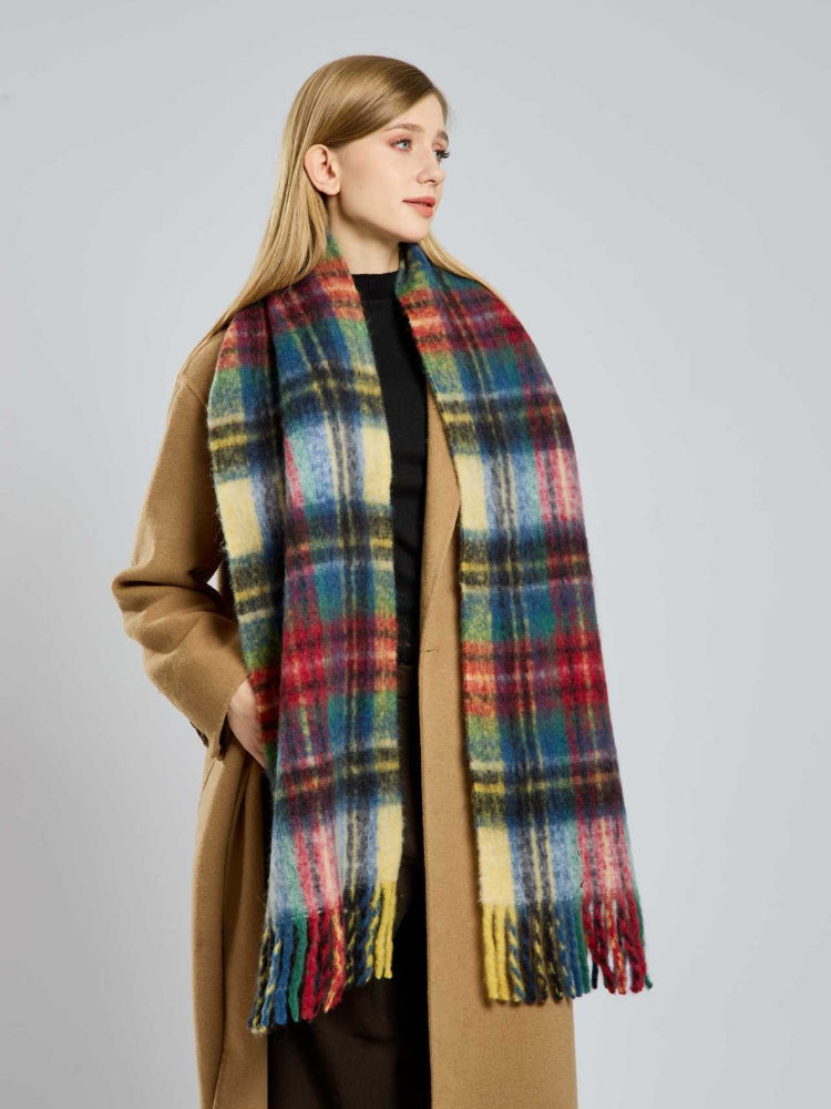 Close-up of a woman wearing a plaid scarf