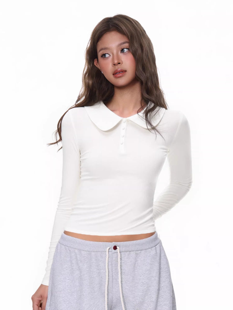 White Peter Pan Collar Button Slim Long Sleeve Top