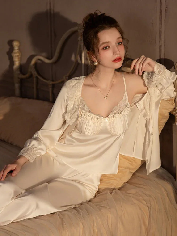Lace Trim Satin 3-Piece Pajama Set - TEVQA