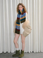 Retro Striped Knit Scarf Planet Motif Multi