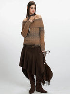 Y2K Mocha Ombre Off-Shoulder Fuzzy Knit Sweater - TEVQA