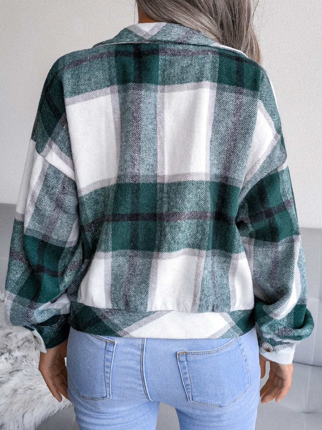Plaid Wool Blend Lantern Sleeve Cropped Shacket
