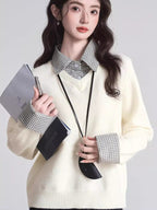 Charcoal grey preppy knit top with faux layered plaid collar - View 6 | TEVQA