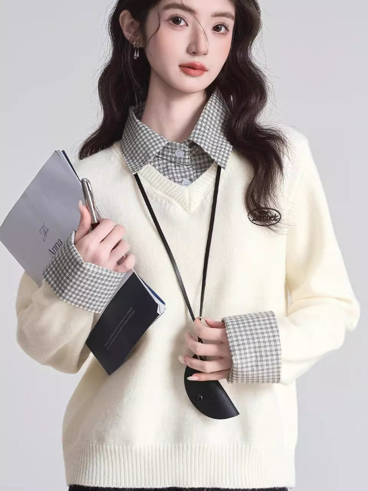 Charcoal grey preppy knit top with faux layered plaid collar - View 6 | TEVQA