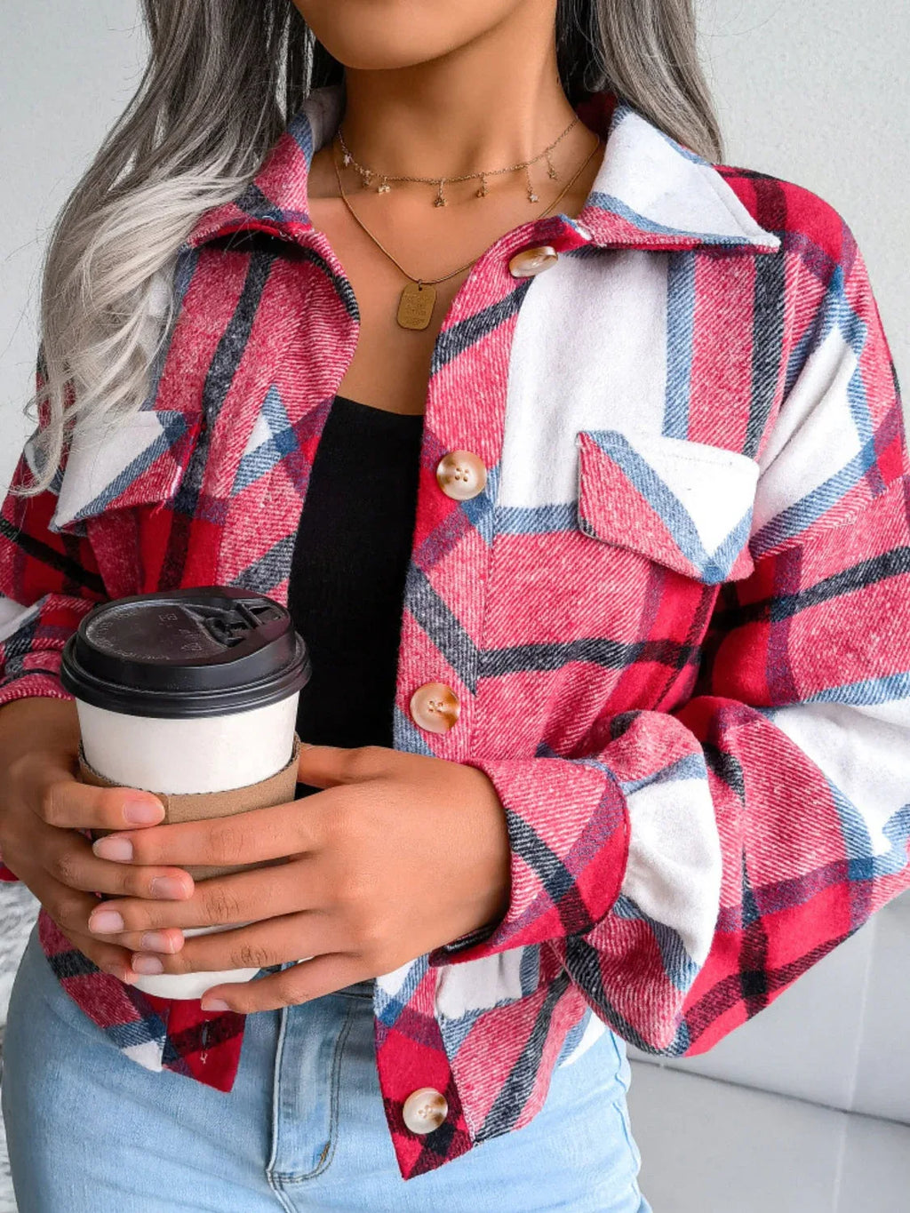 Plaid wool blend cropped shacket with lantern sleeves - View 20 | TEVQA