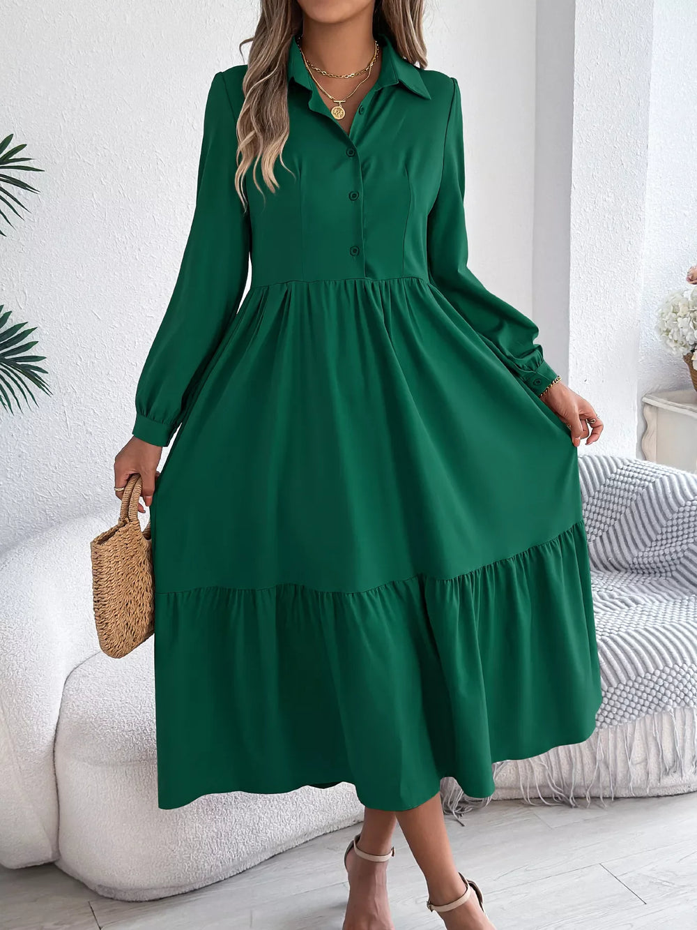 Navy Blue Ruffled Tiered Shirt Dress - View 15 | TEVQA