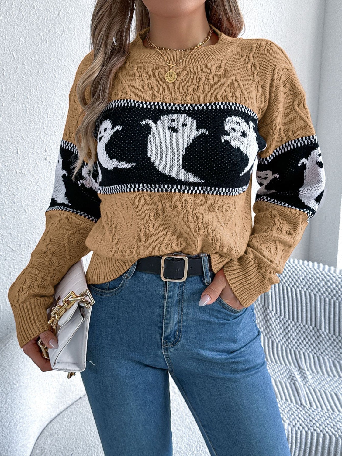 Spooky Chic Ghost Cable Knit Sweater