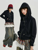 Vintage Star Print Hooded Zip-Up Sweatshirt Black