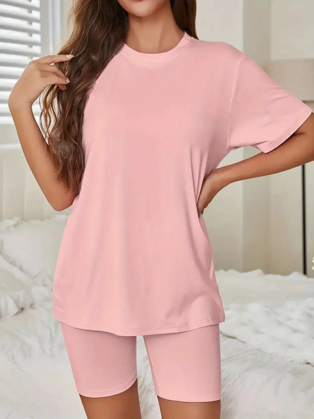 Oversized crew neck t-shirt and biker shorts lounge set - View 10 | TEVQA