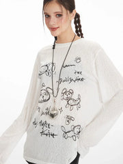 White Sheer Sketch Print Long Sleeve Tee - TEVQA