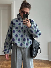 Vintage Floral Sherpa Half-Zip Pullover - TEVQA