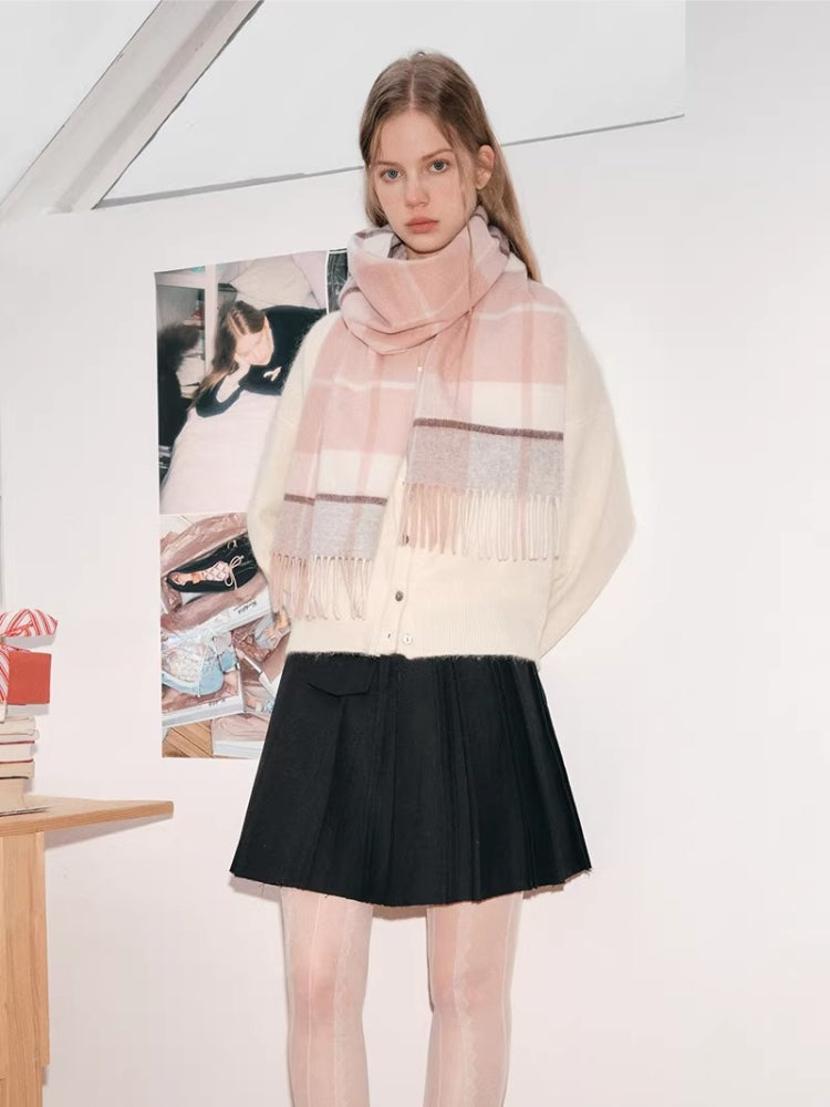 Pink Plaid 100% Lambswool Scarf with Fringe